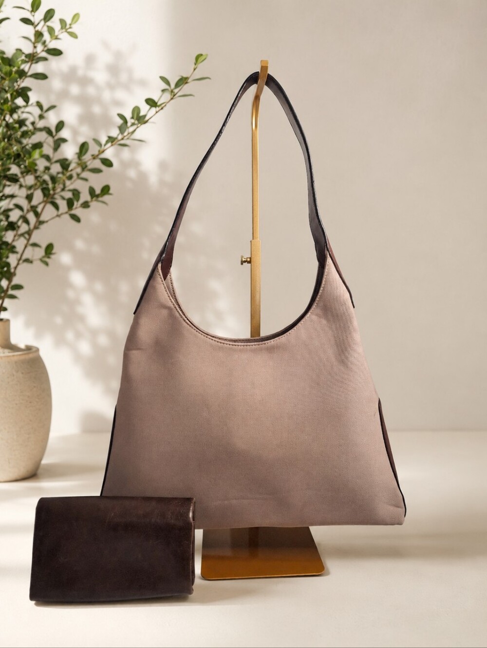 HOBO International Taupe Brown Shoulder Bag + Hobo Leather Kisslock Wallet Set